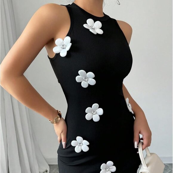 Women's Knit Bodycon Maxi Dress Sleeveless Floral Rhinestone Elegant - Picture 3 of 6